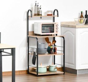 HOMCOM Etajere de bucatarie - etajera cuptor cu microunde - mobilier cuptor cu microunde - 3 rafturi, raft, carlige - panouri de particule aspect stejar deschis cadru metal negru | Aosom Romania