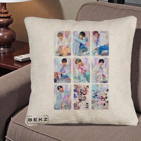 Perna Personalizata K-pop BTS Colaj 9 Fotografii Autografe Individual, 40x40 cm, Bej Canapea, Husa Detasabila, Perna Inclusa, BEKZ®