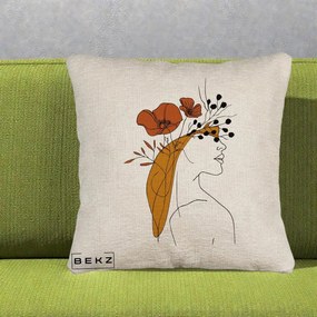 Perna Decorativa Portret Feminin Maci Rosii Auriu, 40x40 cm, Bej Canapea, Husa Detasabila, Perna Inclusa, BEKZ®
