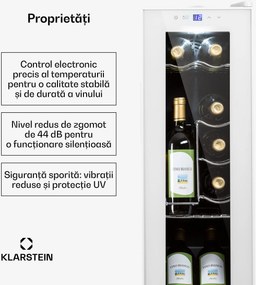 Klarstein Shiraz 12 Slim, vinotecă, 32 l, 12 sticle, 85 W, 5–18°C, panou de control tactil.