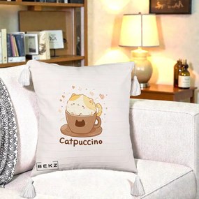 Perna Decorativa Catpuccino Pisica Cappuccino, 40x40 cm, Bej cu Franjuri, Husa Detasabila, Perna Inclusa, BEKZ®