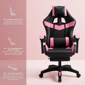 RESIGILAT- Scaun gaming, sistem iluminare bandă LED RGB, masaj în perna lombară, suport picioare, Negru/Roz