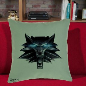 Perna Decorativa The Witcher Wolf Head, 40x40 cm, Verde, Husa Detasabila, Perna Inclusa, BEKZ®