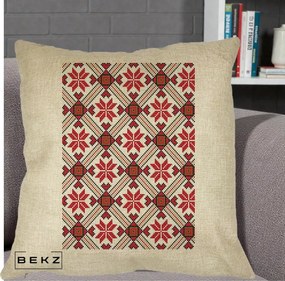 Perna Personalizata Motiv Traditional Ie Romaneasca Rosu, 40x40 cm, Crem, Husa Detasabila, Perna Inclusa, BEKZ®