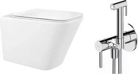 Pachet vas wc suspendat Rea, capac softclose si set dus igiena intima crom cu baterie incastrata Omnires Y