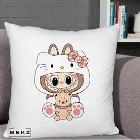 Perna Personalizata Labubu x Hello Kitty, 40x40 cm, Alb Pufos, Husa Detasabila, Perna Inclusa, BEKZ®