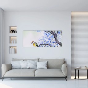 Tablou - Pasăre pe un copac cu flori albastre (120x50 cm)