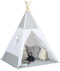 HOMCOM Cort Teepee Indian Cort de joacă pentru Copii în Stil Grafic - dim. 1,2L x 1,2l x 1,55H m - Ușă închisă Fereastră Covor Pernă Geantă Transport Inclusă - la Interior și Exterior Gri Alb | Aosom Romania