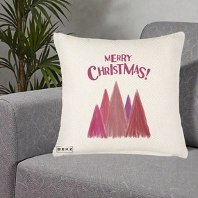 Perna Decorativa Merry Christmas Brazi Roz, 40x40 cm, Crem Reliefat, Husa Detasabila, Perna Inclusa, BEKZ®