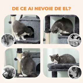 PawHut Ansamblu Multinivel pentru Pisici, 132 cm, cu Căsuță, Culcuș, Stâlpi de Zgâriat, Perie și Minge, Gri Închis | Aosom Romania