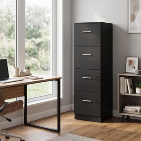 HOMCOM Dulap de Birou cu 4 Sertare, 2 Încuietori și Bare pentru Dosare Suspendate, cu Aspect de Lemn, 40x42x130,8 cm, Negru | Aosom Romania