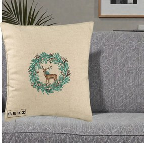 Perna Decorativa Coroana Turcoaz cu Ren, 40x40 cm, Bej, Husa Detasabila, Perna Inclusa, BEKZ®