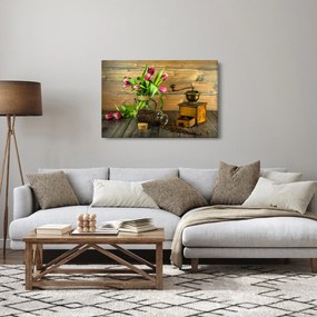Tablou - lalele, râșniță și cafea (90x60 cm)