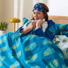 Lenjerie de pat albă/albastru-verde din bumbac pentru pat dublu-extinsă 230x220 cm Peacock Feather – Their Nibs