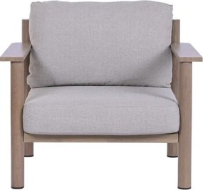 Set lounge exterior premium din aluminiu cu finisaj lemn, canapea, 2 fotolii și măsuță cu perne din olefină, „Cortina”