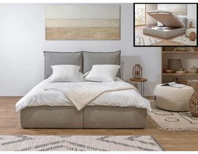 Pat matrimonial bej tapițat cu spațiu de depozitare cu somieră 160x200 cm Garance – Bobochic Paris