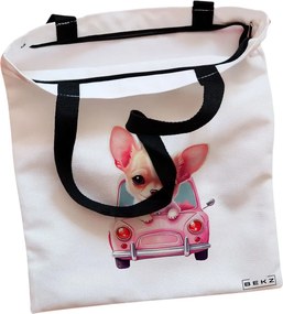 Sacosa de Panza pentru Cumparaturi, Geanta Tote, model Chihuahua the Driver, Cu fermoar, 38x34.5 cm, Alba, BEKZ®