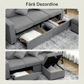 HOMCOM Divan 3 Locuri cu Pouf de Depozitare din Velur cu Nervuri 196x139x85 cm, Gri | Aosom Romania