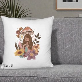 Perna Decorativa Fata Ciuperca Boho Florala, 40x40 cm, Alb Pufos, Husa Detasabila, Perna Inclusa, BEKZ®