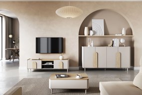 Comodă cu patru uși pe picioare Amilio 200 cm - cașmir / stejar uleiat / mânere stejar deschis