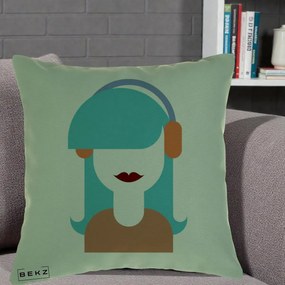 Perna Decorativa Fata cu Casti Muzica Grafic, 40x40 cm, Verde, Husa Detasabila, Perna Inclusa, BEKZ®