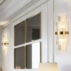 Aplică Aurie cu Cristale – 2 Fasunguri E14, Design Elegant din Metal și Cristal, 36×20×10 cm