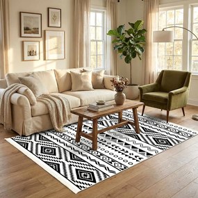 Covor camera antiderapant, 80x200 cm, etnic alb-negru, Model Tribal