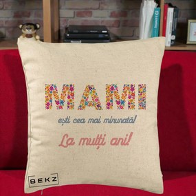 Cadou pentru Mama - Perna Personalizata Mami Esti Cea mai Minunata La Multi Ani cu Litere Florale, 40x40 cm, Bej, Husa Detasabila, Perna Inclusa, BEKZ®