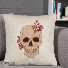 Perna Decorativa Craniu Floral Gothic, 40x40 cm, Bej Canapea, Husa Detasabila, Perna Inclusa, BEKZ®