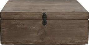 Cufăr decorativ din lemn masiv, maro, cu zăvor ornamental din metal negru și mânere laterale, aspect rustic, 31 x 46 x 31 cm, „Chest”