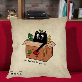 Perna Decorativa Pisica in Cutie No Desire to Fit In, 40x40 cm, Crem, Husa Detasabila, Perna Inclusa, BEKZ®