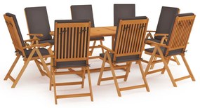 3059556 vidaXL Set mobilier de grădină cu perne gri, 9 piese, lemn masiv tec