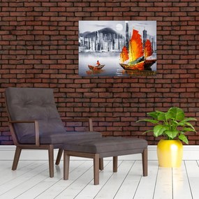 Tablou pe sticlă - Victoria Harbour, Hong Kong, pictură în ulei alb- negru (70x50 cm)