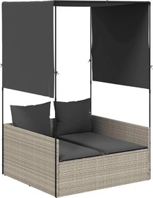 vidaXL Șezlong plajă dublu cu acoperiș perdele, gri deschis, poliratan