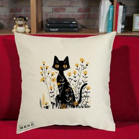 Perna Decorativa Pisica Neagra Ochi Galbeni Flori Galbene, 40x40 cm, Ecru, Husa Detasabila, Perna Inclusa, BEKZ®