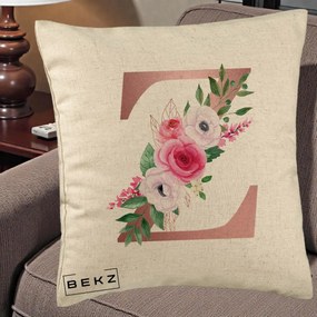 Cadou Personalizat - Perna Personalizata Monograma Rose Gold Litera Z, 40x40 cm, Bej, Husa Detasabila, Perna Inclusa, BEKZ®