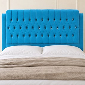 Pat tapițat Chesterfield din catifea Aveline Deluxe 160×200 cm, albastru deschis, cu ladă de depozitare