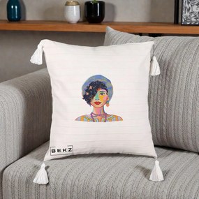 Perna Decorativa Portret Femeie Etnic Colorat, 40x40 cm, Bej cu Franjuri, Husa Detasabila, Perna Inclusa, BEKZ®
