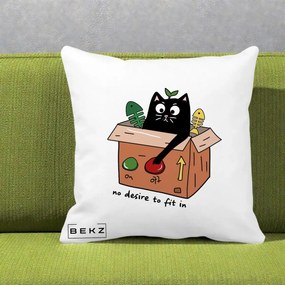 Perna Decorativa Pisica in Cutie No Desire to Fit In, 40x40 cm, Alba Mata, Husa Detasabila, Perna Inclusa, BEKZ®