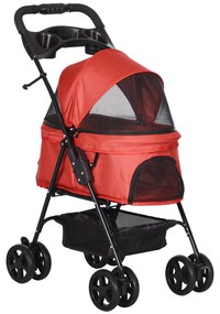 PawHut Cărucior buggy pliabil câine pisică coș depozitare suporturi pahare țesătură Oxford 300D impermeabilă 4 roți roșu | Aosom Romania