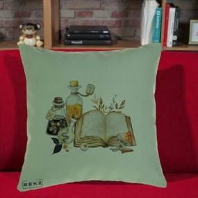 Perna Decorativa Grimoire Vrajitoare si Filtre Magice Halloween, 40x40 cm, Verde, Husa Detasabila, Perna Inclusa, BEKZ®