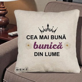 Cadou pentru Bunica - Perna Personalizata Cea Mai Buna Bunica Din Lume Coroana Mov Flori, 40x40 cm, Bej Canapea, Husa Detasabila, Perna Inclusa, BEKZ®