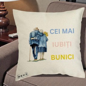 Cadou pentru Bunici - Perna Personalizata Cei Mai Iubiti Bunici Acuarela Spate, 40x40 cm, Ecru, Husa Detasabila, Perna Inclusa, BEKZ®