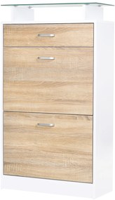 HOMCOM Dulap pentru Pantofi, Mobilier depozitare Pantofi cu 2 Uși pliante 2 Compartimente, sertar, Placă din Sticlă - Lemn stejar Alb | Aosom Romania