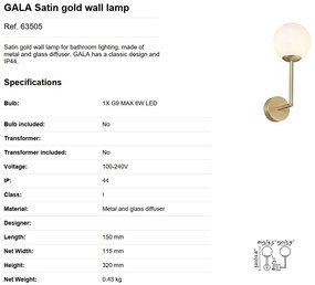 Aplica de perete baie cu protectie IP44 GALA Satin gold 63505