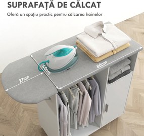 HOMCOM Dulap Multifuncțional cu Masă de Călcat | Blat din Tesatura Efect In | 3 Rafturi | Ghidaj pentru Agățat | 127x42.5x99 cm | Alb | Aosom Romania