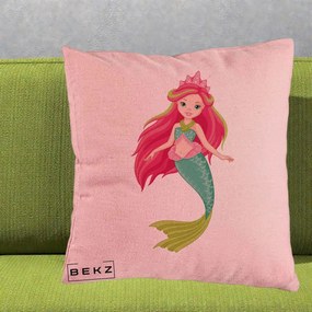 Perna Decorativa Sirena Roz cu Coroana, 40x40 cm, Roz, Husa Detasabila, Perna Inclusa, BEKZ®