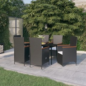 vidaXL Set de masă pentru grădină, 7 piese, cu perne, negru
