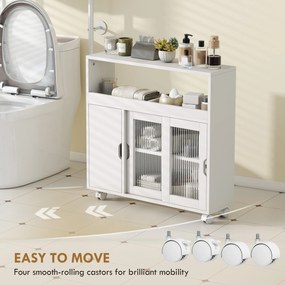 HOMCOM Dulap de Baie cu Roți, Raft Reglabil, Ușă Glisantă din Sticlă Călită, Alb | Aosom Romania