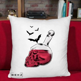 Perna Decorativa Halloween Craniu-Sticla cu Lilieci, 40x40 cm, Alb Pufos, Husa Detasabila, Perna Inclusa, BEKZ®